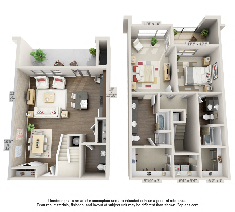 Floor plan for 2 beds, 2.5 baths, 1543 sqft